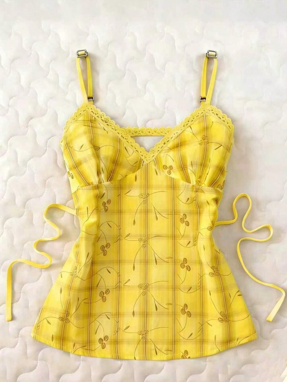 Multicolor Casual Women's Cherry Plaid Print Contrast Lace Camisole Top